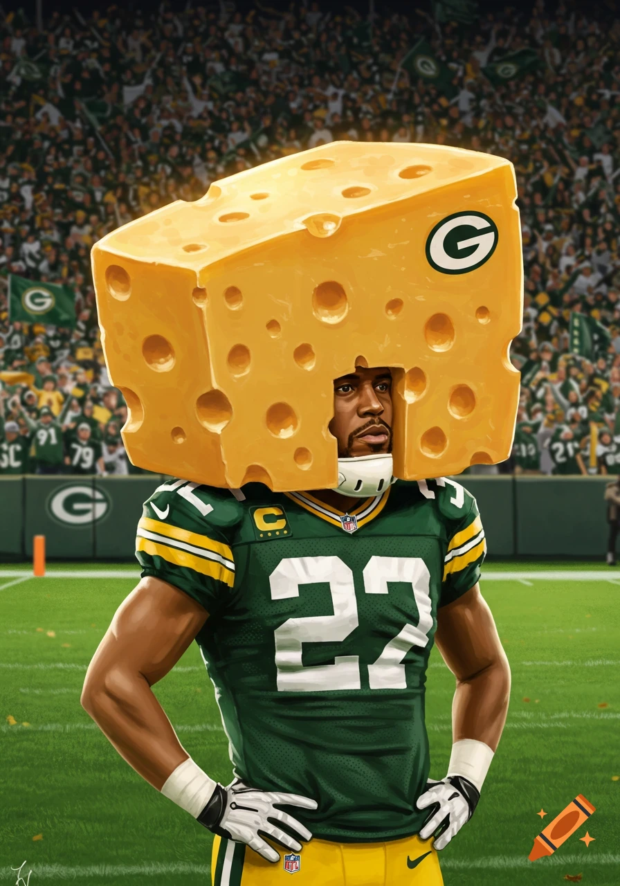 Green Bay Packers player in a 22 jersey wearing a large cheese-shaped guardian cap on a football field. Illustration.