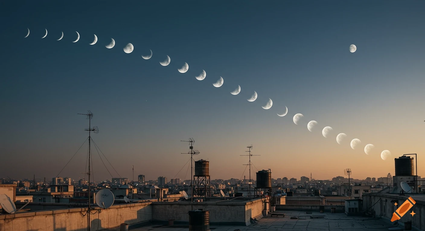 A realistic composite showing a sequence of moon phases arcing over a Tehran rooftop and city skyline at dusk.