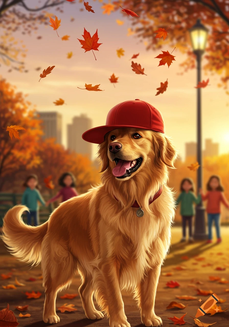 A happy Golden Retriever wears a red baseball cap in an autumn park with falling leaves and blurred people.