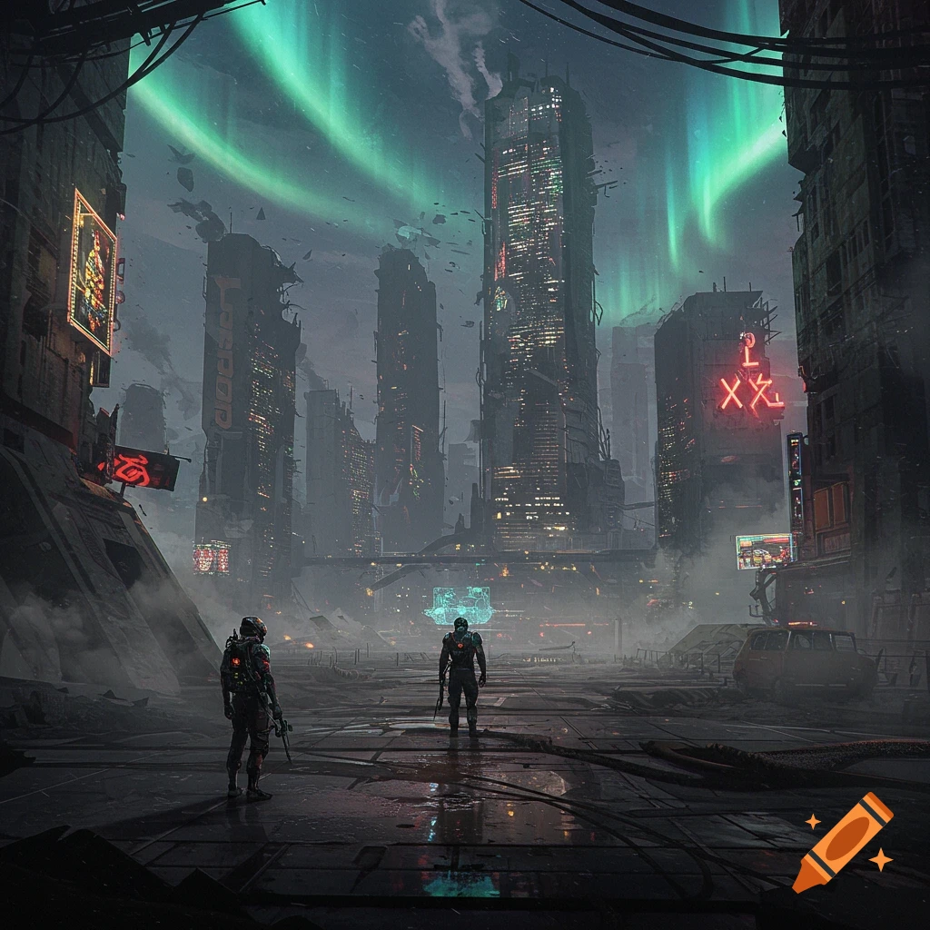 Two armored figures stand in a dark, dystopian cyberpunk city with towering neon-lit buildings and a green aurora.