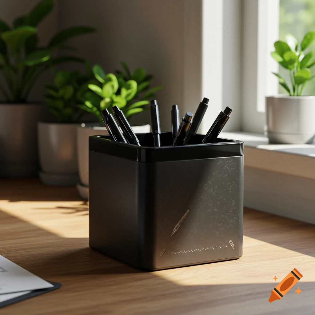 Photorealistic image of black pen holder with pens on a wooden desk, surrounded by potted plants and natural light from a window.