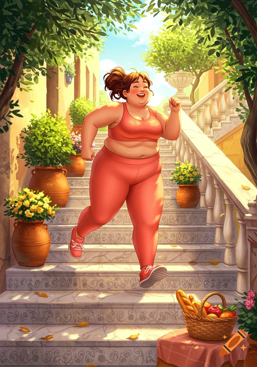 An illustration of a cheerful, chubby woman in a coral sports bra and leggings running up sunny outdoor stairs lined with potted plants.