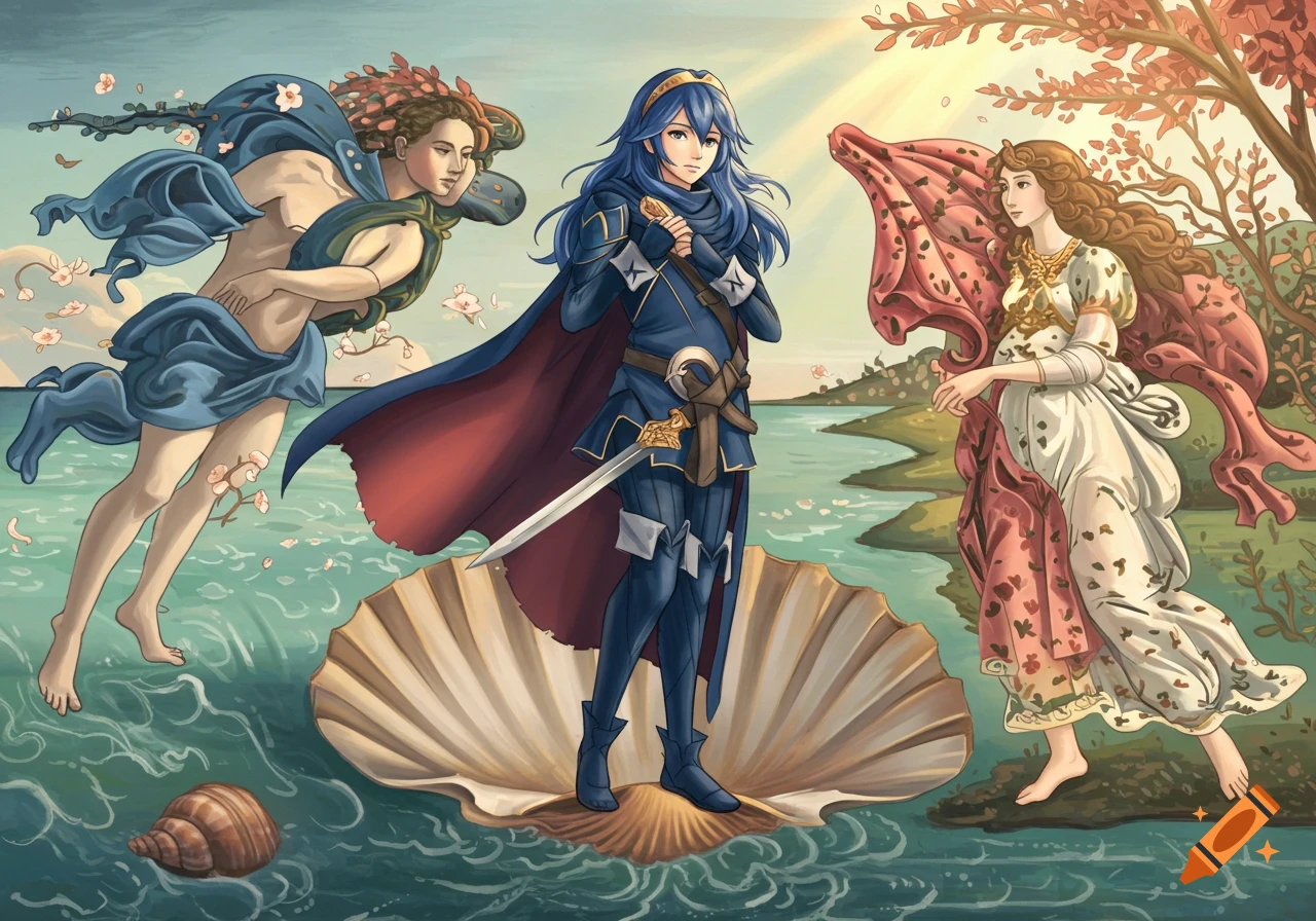 Lucina from Fire Emblem stands on a large seashell in the sea, flanked by two figures, inspired by Botticelli's The Birth of Venus.