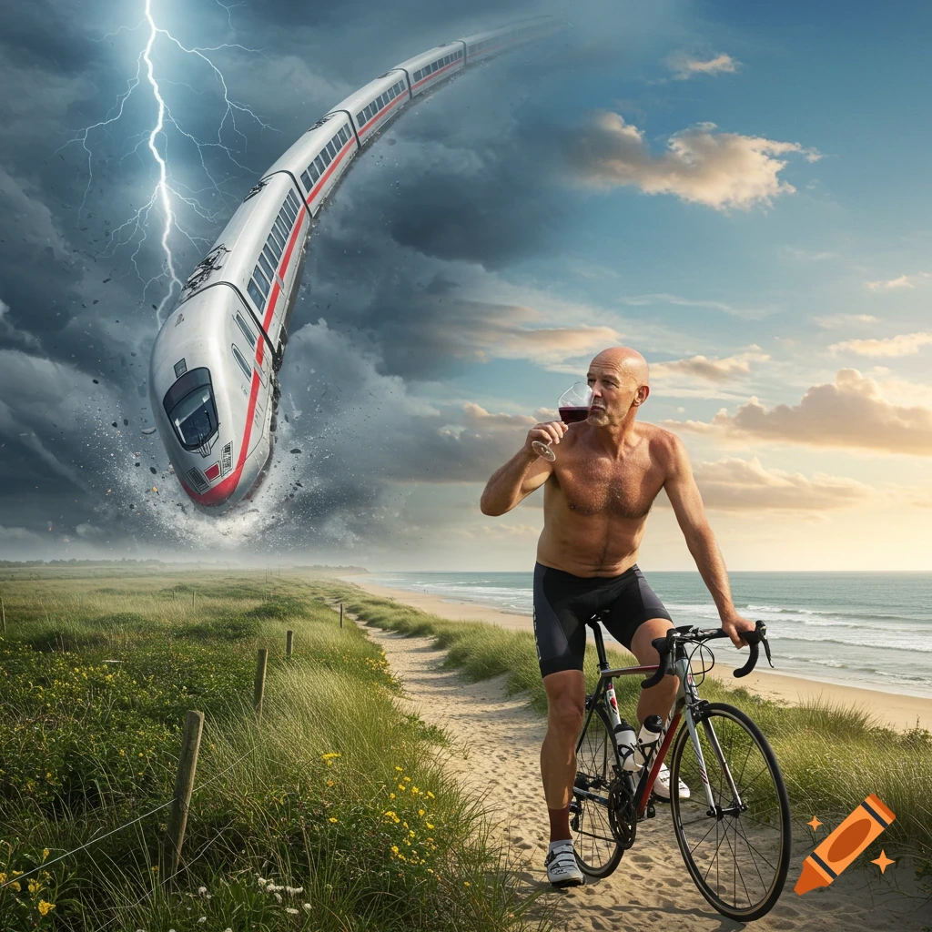 A shirtless man drinks red wine on a bicycle on a sandy beach path as a train falls from a stormy sky with lightning.
