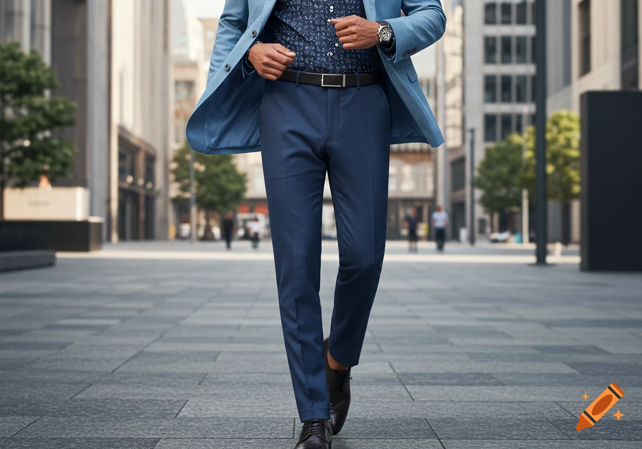 A man in a light blue suit jacket, navy dress pants, and a patterned navy shirt walks on a city street.