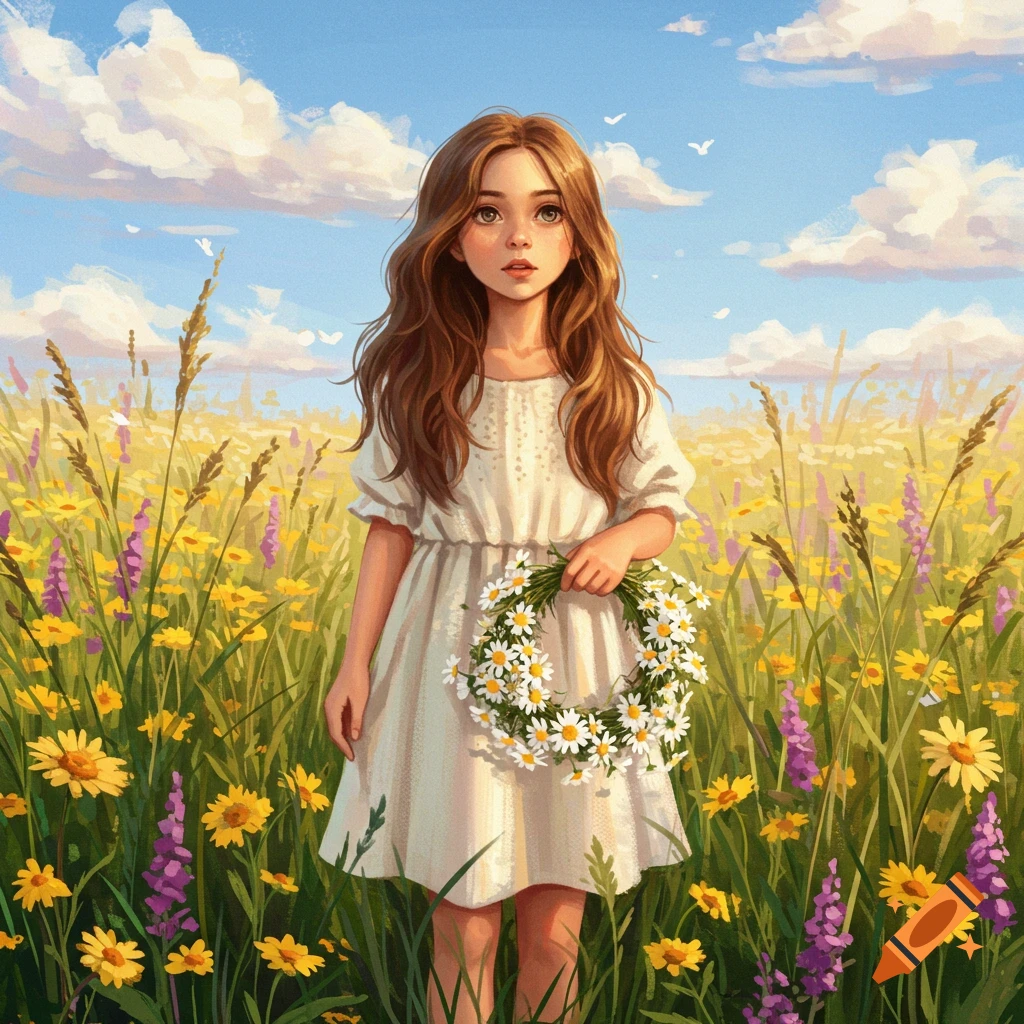 A young girl with long brown hair, wearing a white dress, stands in a vibrant field of yellow and purple wildflowers, holding a daisy wreath.