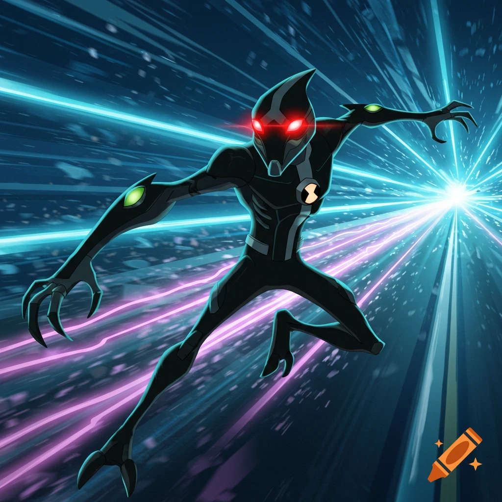 Cartoon character XLR8, a black alien with red glowing eyes and green accents, speeds through a blue and purple light tunnel.