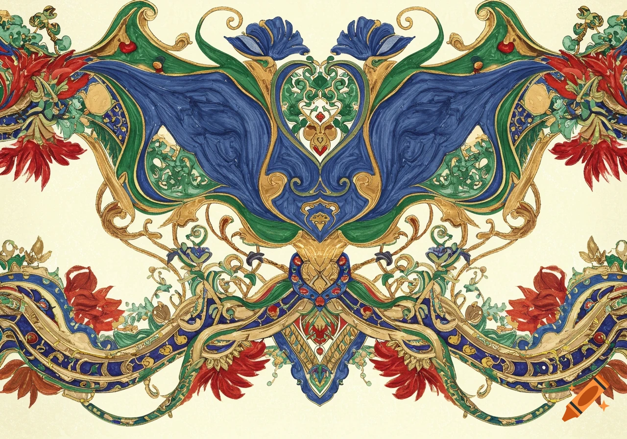 Symmetrical ornamental pattern in blue, green, gold, and red, resembling intricate floral and organic motifs with a watercolor texture.
