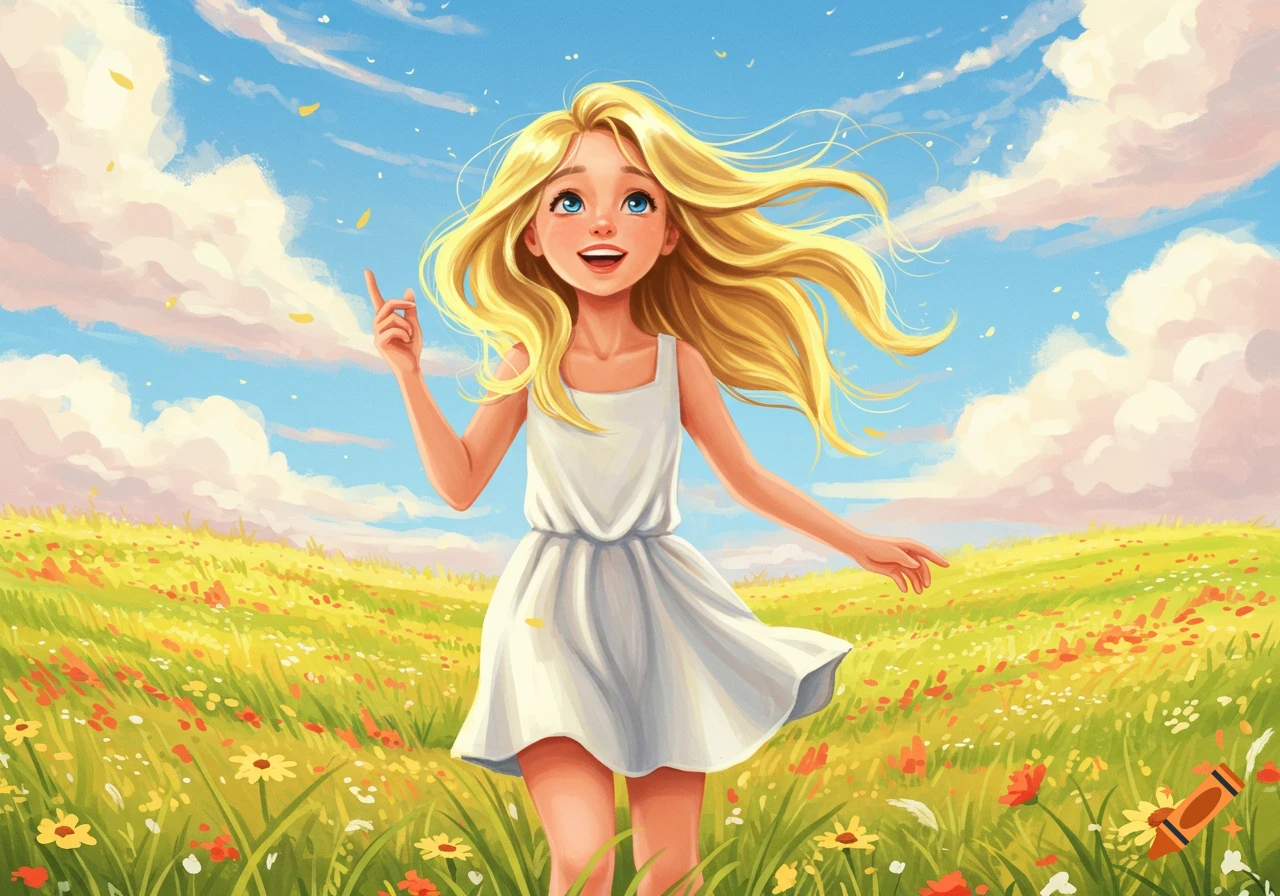Vibrant illustration of a happy blonde girl in a white dress running in a sunny field of wildflowers under a blue sky.
