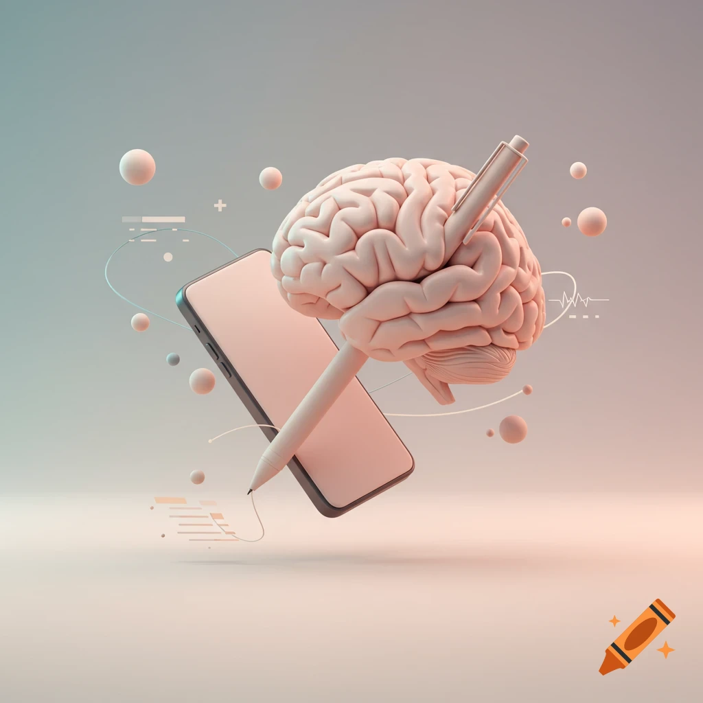 Abstract composition of a human brain, a pen, and a smartphone floating with pastel spheres and lines.