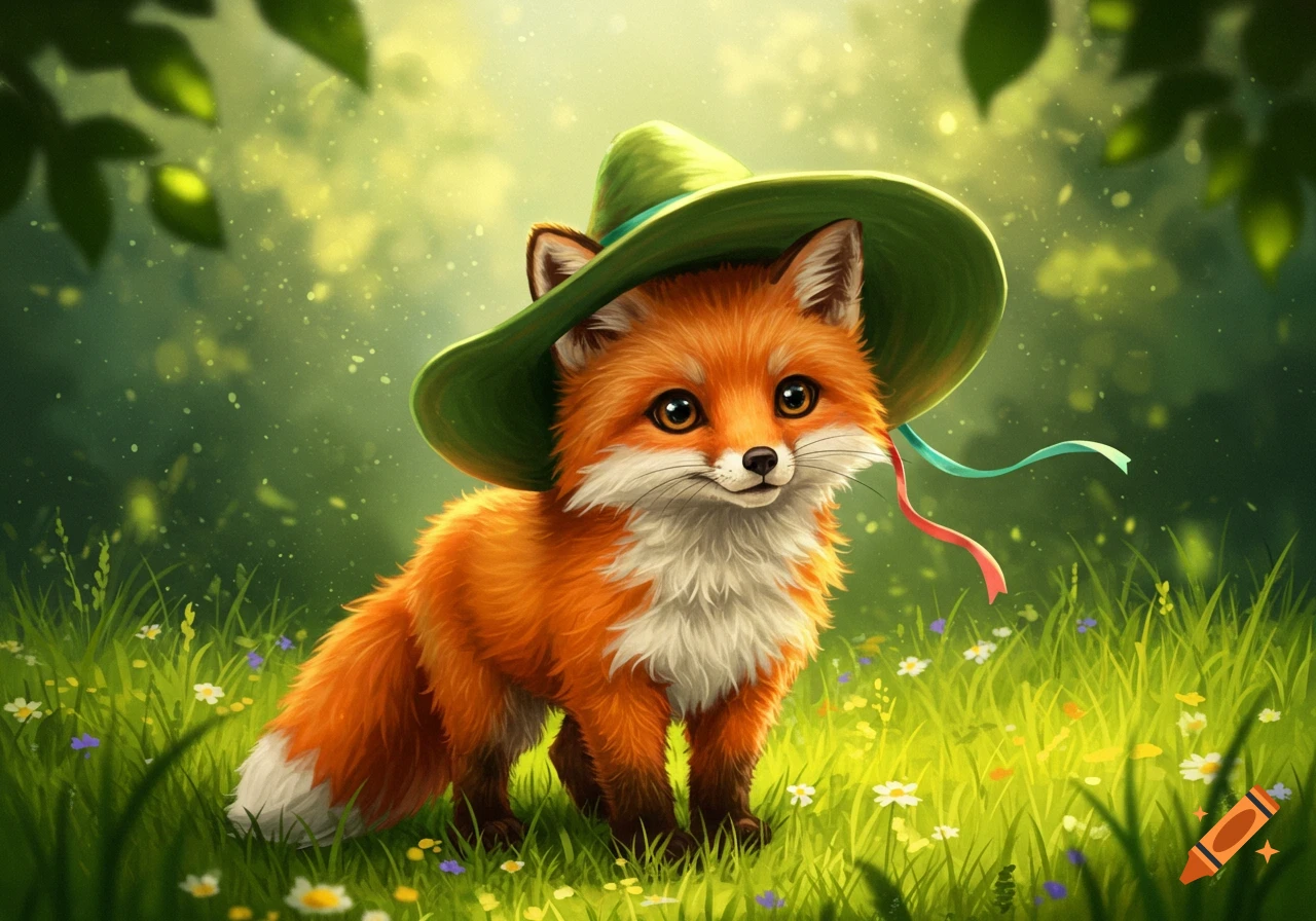 A cute, fluffy orange fox in a green hat stands in a bright, magical green forest with small flowers, illustrated.