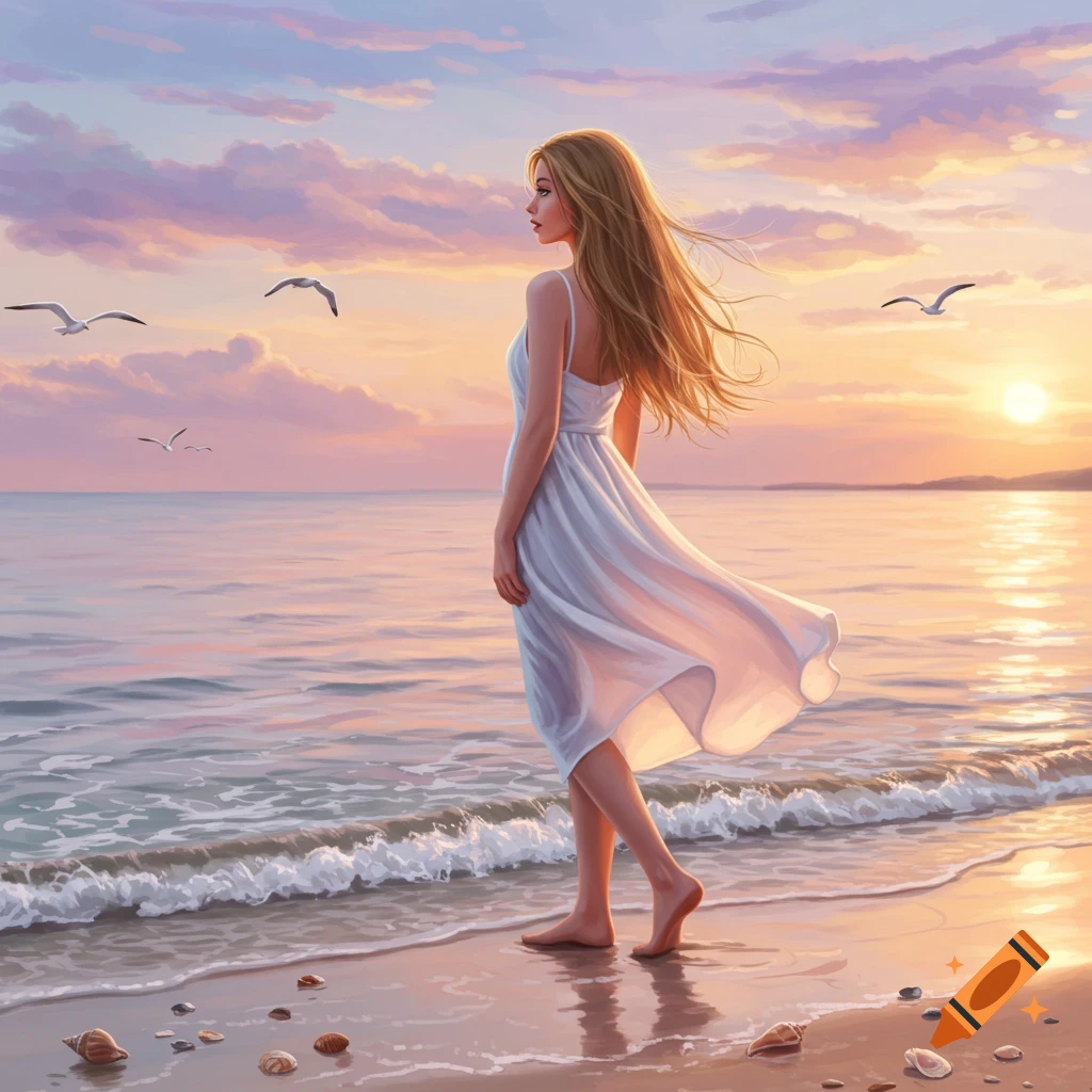 Digital painting of a woman in a white dress walking barefoot on a beach at sunset with gulls flying over the ocean.