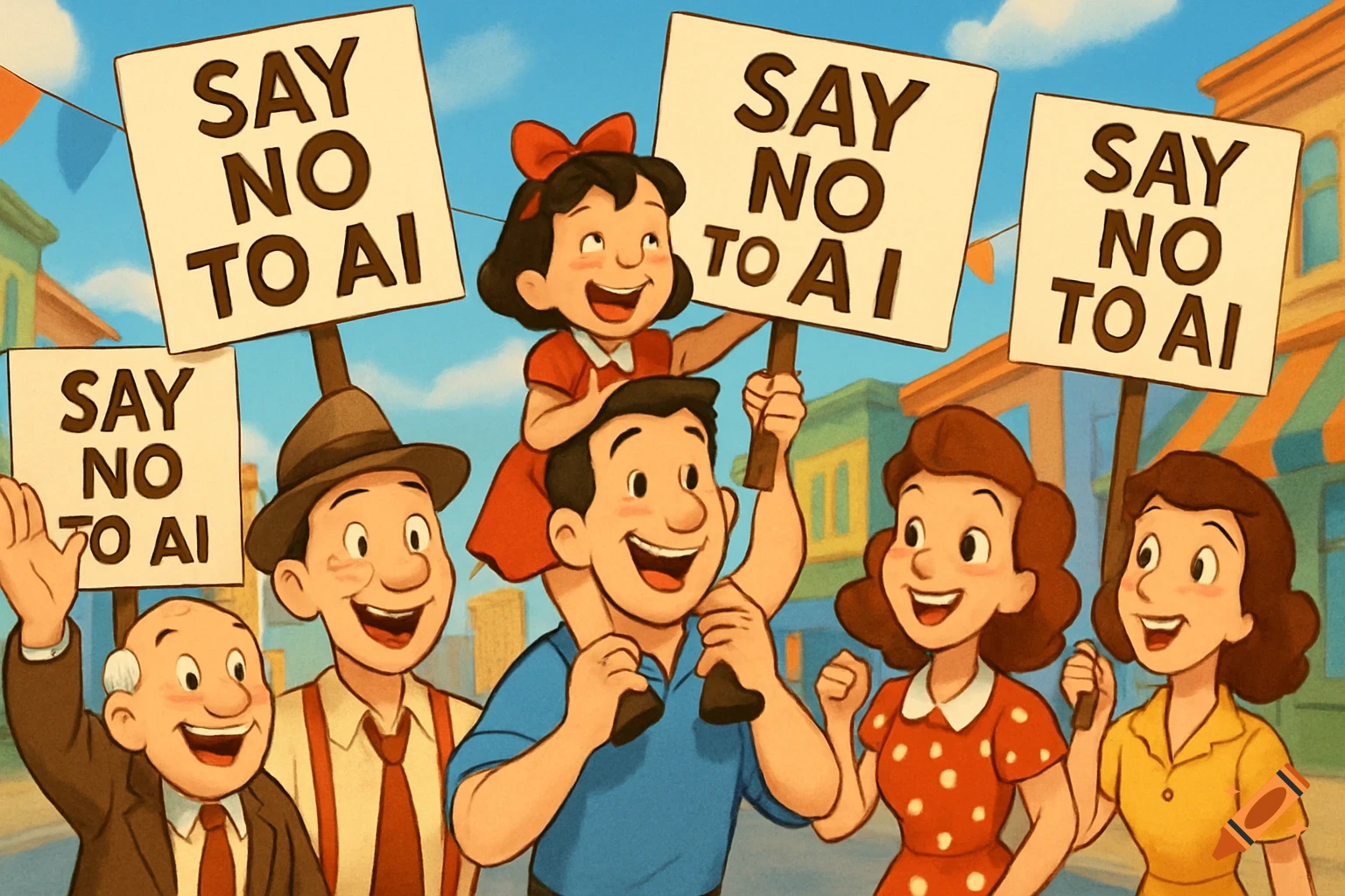 Happy family and an elderly man in a vintage cartoon style hold up signs reading "SAY NO TO AI" on a street.