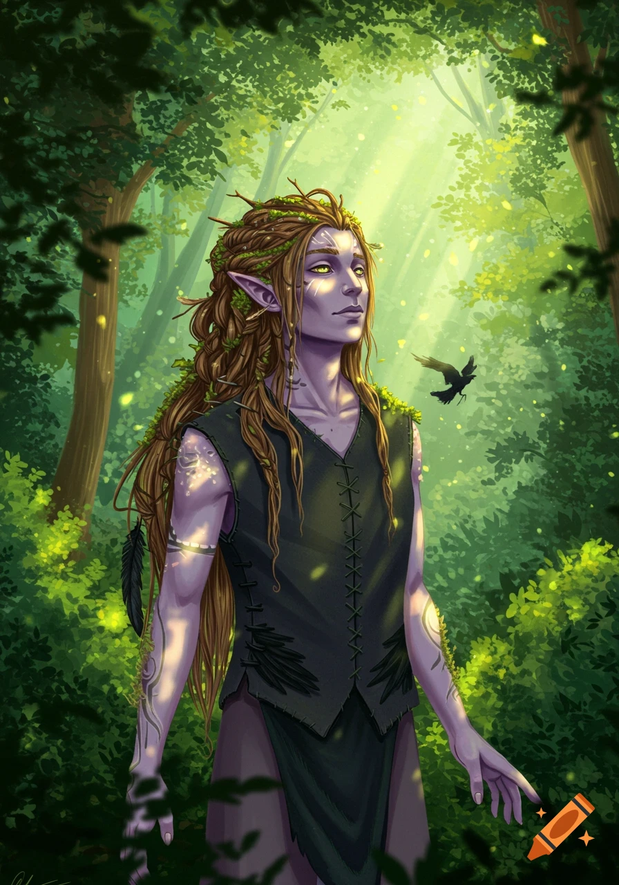 A pale purple-skinned fantasy character with long mossy hair and green eyes stands in a sunlit forest, a black bird flies by. Digital art.