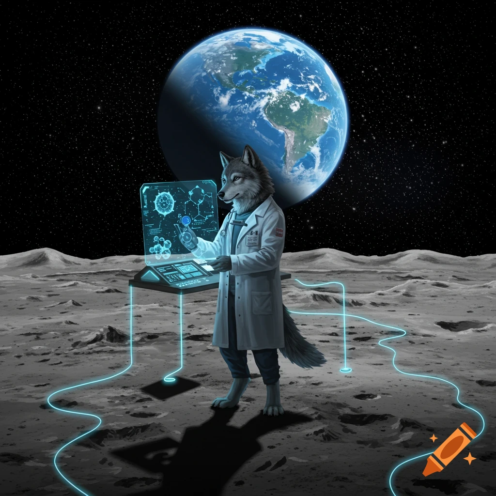 An anthropomorphic wolf in a lab coat stands on the moon, operating a holographic screen with Earth in the background. Futuristic illustration.
