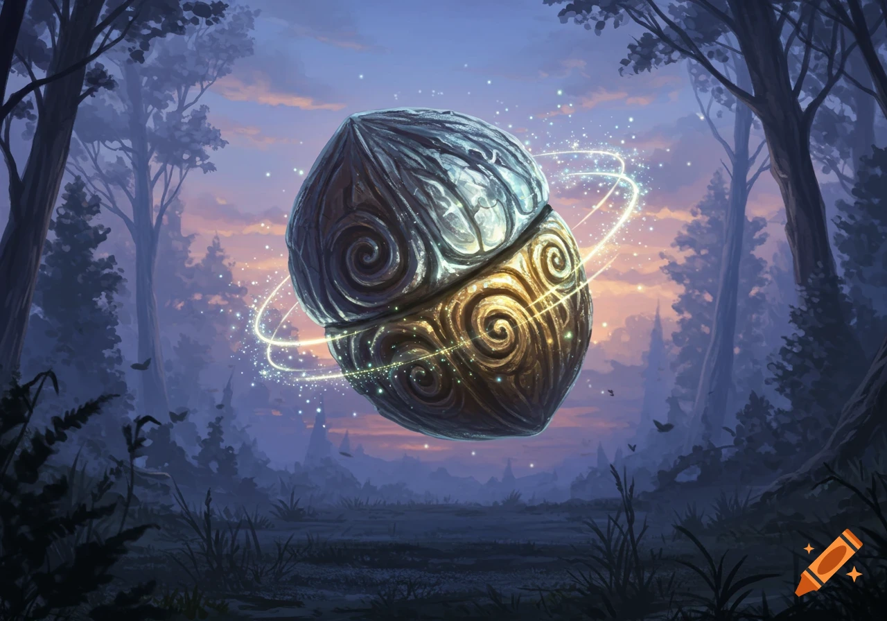 A large, ornate magic nut, half silver and half gold with swirling patterns, floats in a misty twilight forest, surrounded by sparkling light trails.