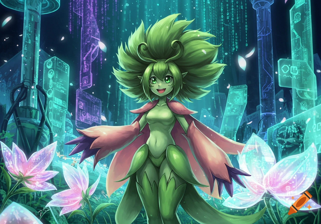 A smiling anime plant creature, Floramon, stands in a vibrant digital forest with glowing flowers and holographic data.