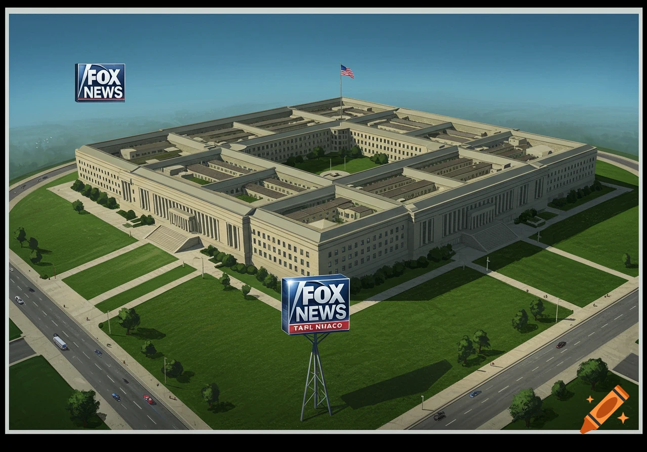 An illustration showing an aerial view of the Pentagon building with a Fox News logo in the sky and on a billboard.