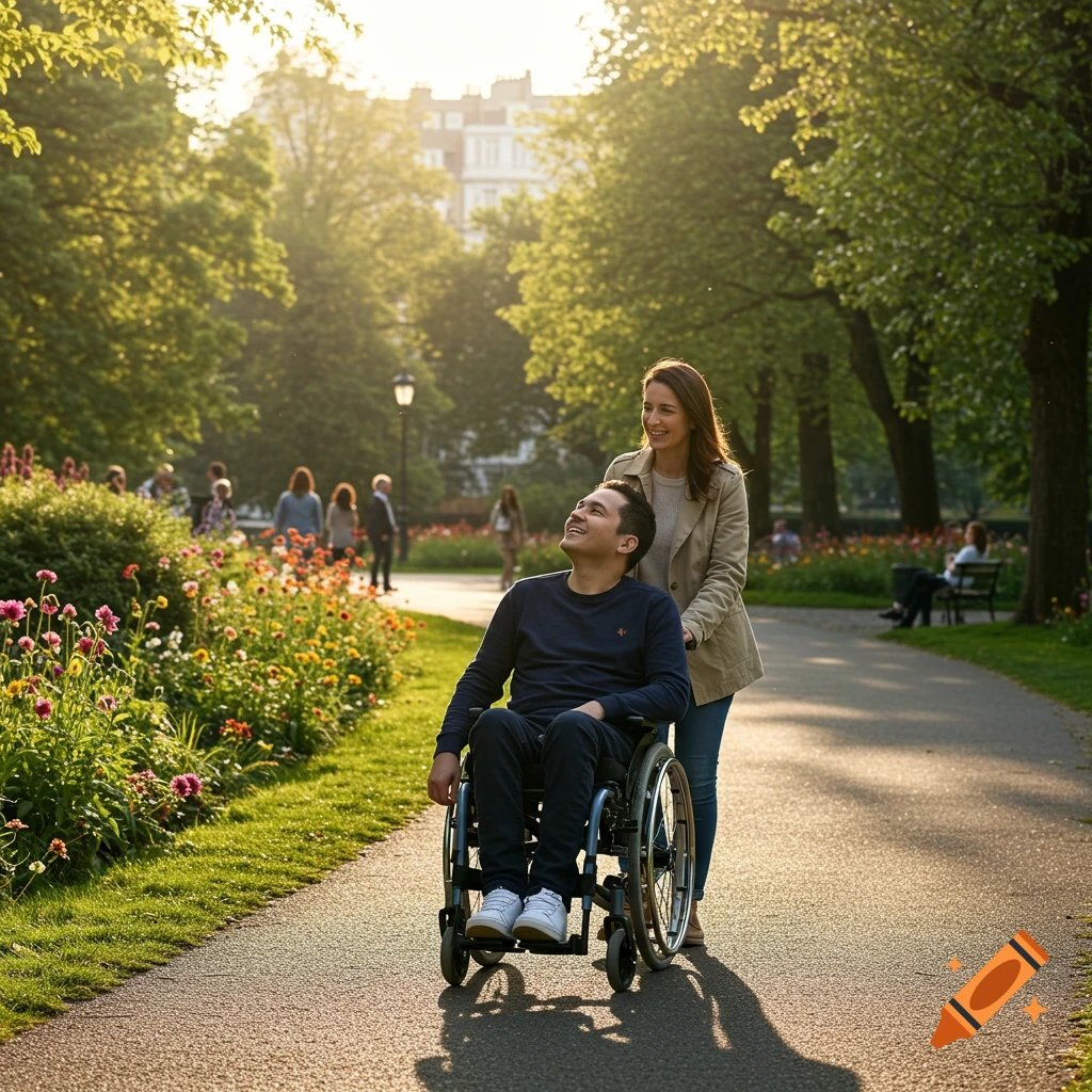 A woman pushes a man in a wheelchair along a sunny park path lined with flowers and trees.