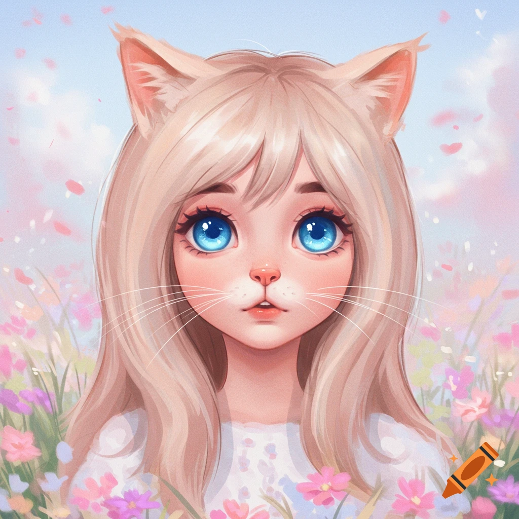 A cute anime-style cat girl with blonde hair, blue eyes, and cat ears, surrounded by colorful flowers under a pastel sky.