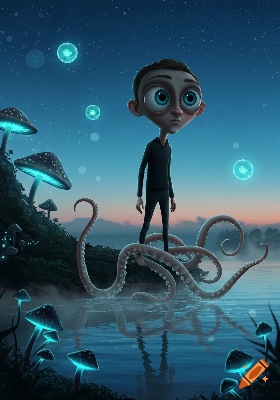 A stylized illustration of a wide-eyed character with tentacle feet standing in water, surrounded by glowing mushrooms under a twilight sky.