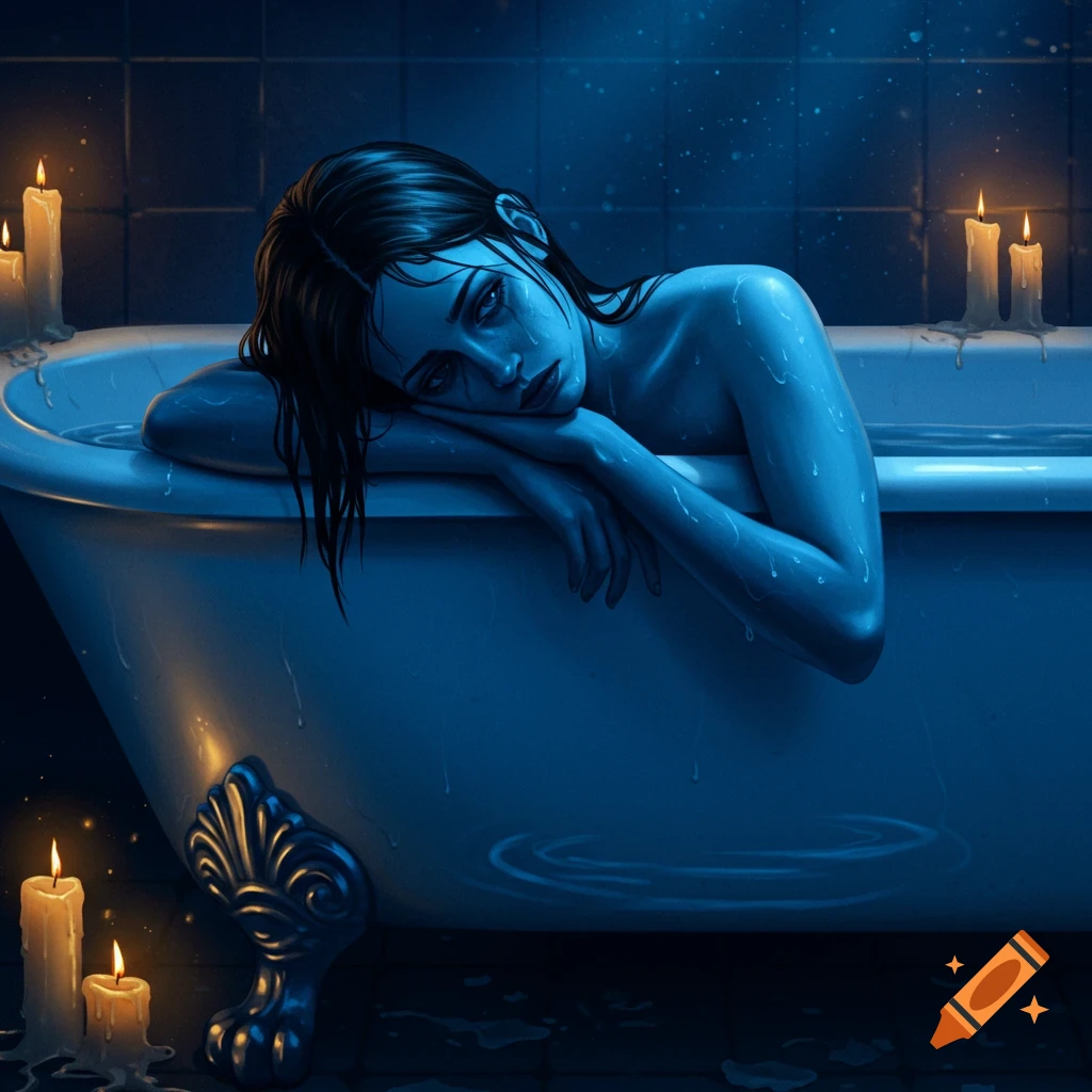 A painting style illustration of a sad woman with dark hair lying in a blue-toned bathtub, illuminated by warm candlelight.