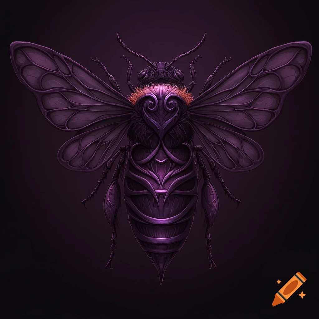 An intricate, abstract art nouveau bee in dark purple and black tones with ornate patterns on its body and wings, centered on a dark background.