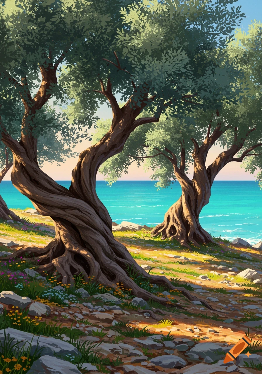 Stylized painting of ancient olive trees with gnarled trunks on a rocky coastal hill overlooking a bright turquoise sea under a clear sky.