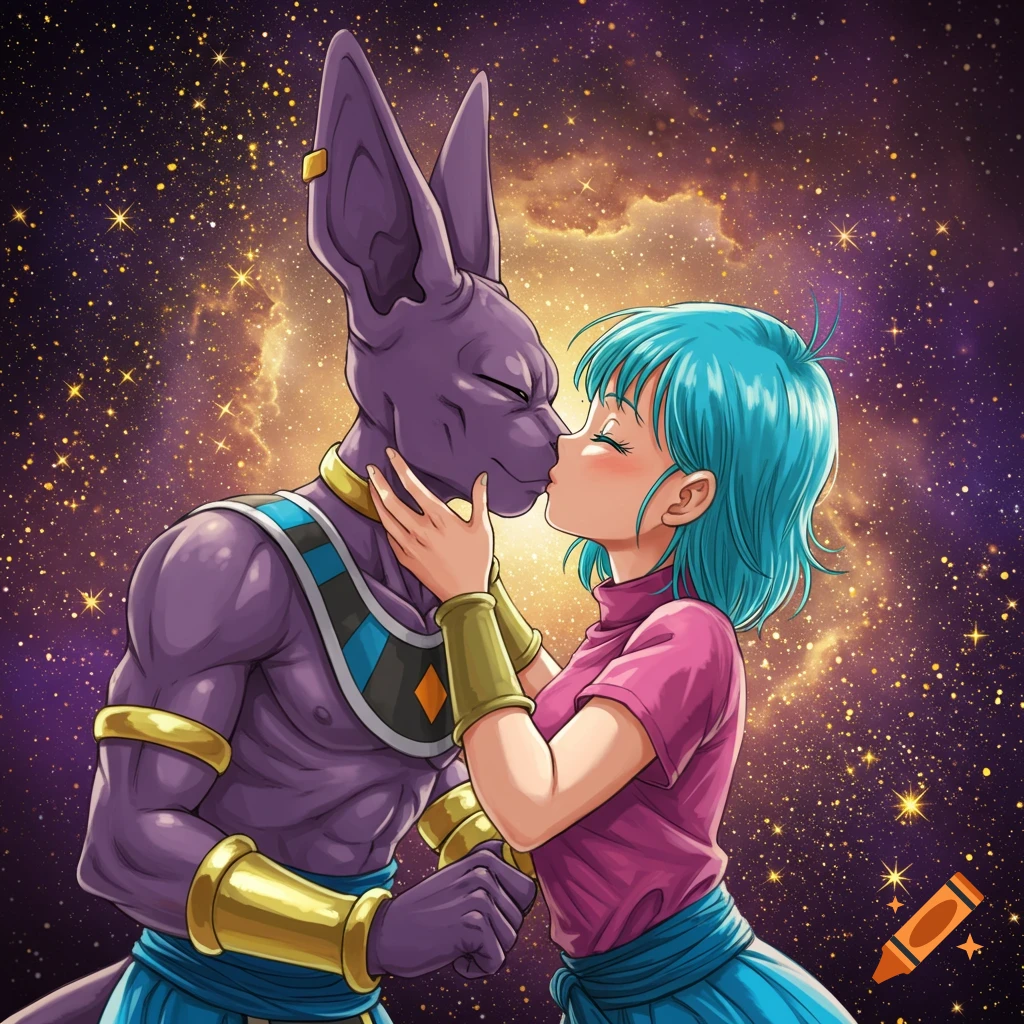 Anime illustration of purple Beerus and blue-haired Bulma kissing against a starry space background.