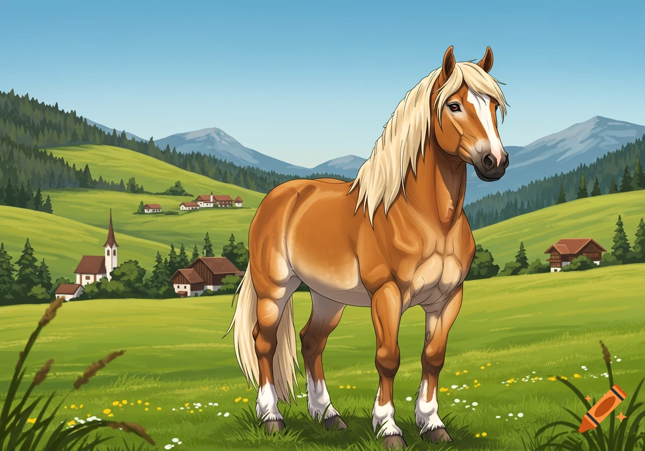 An illustrated Haflinger horse with a blonde mane and white stripe stands in a green mountain valley with village houses under a blue sky.