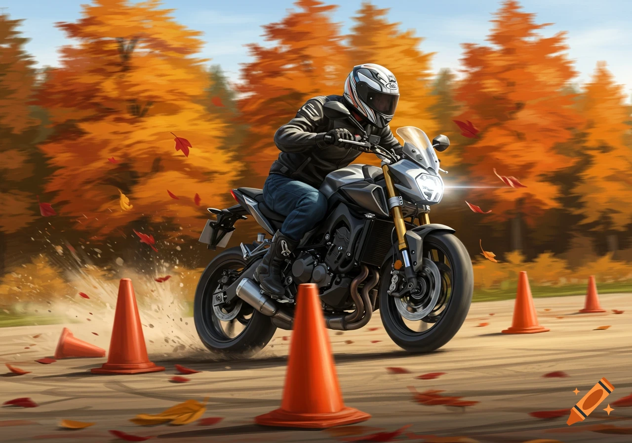 A motorcyclist in a helmet and black jacket navigates a dark motorcycle around orange traffic cones on an autumn road.
