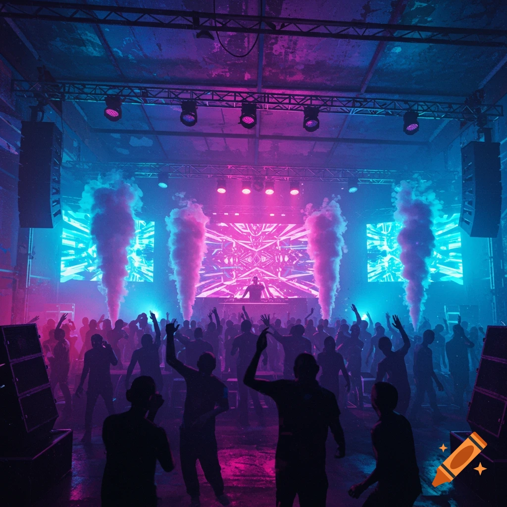 A DJ performs on stage for a dancing crowd at a vibrant music event, illuminated by neon pink and blue lights and smoke machines.