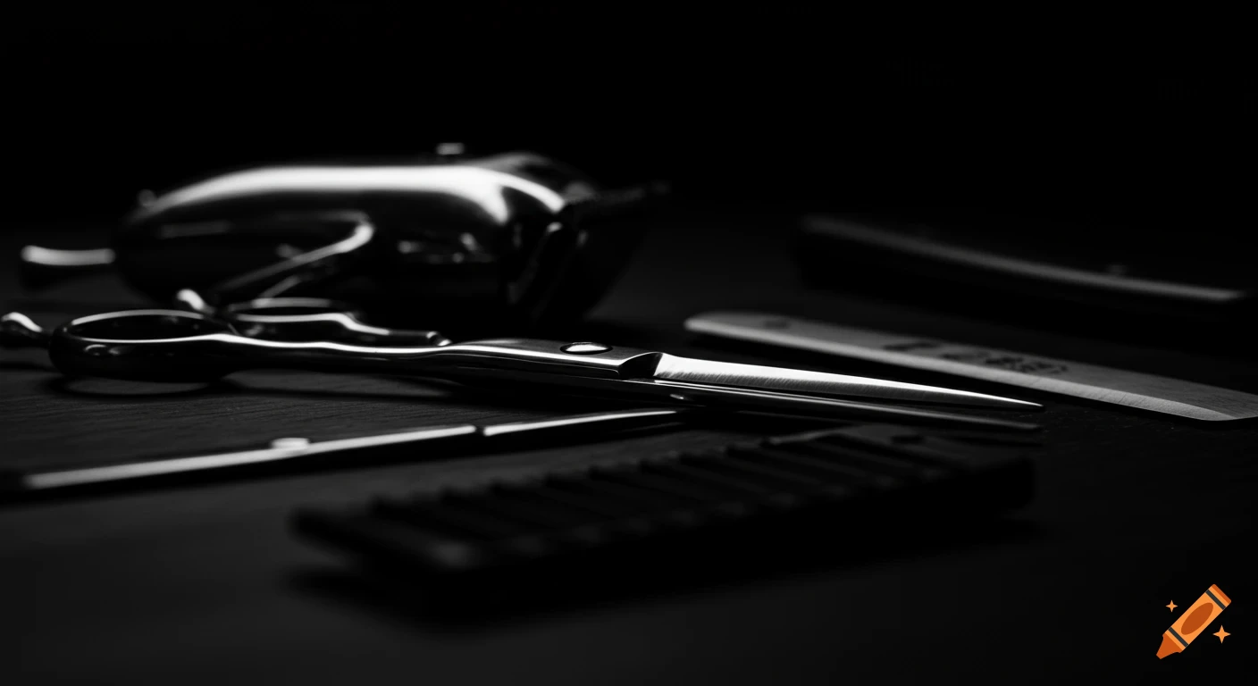 Dark, low-exposure, black and white close-up of barber scissors, clippers, and a cutthroat blade on a surface.