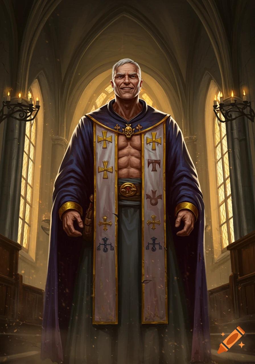 A muscular old inquisitor with a stern smile, wearing religious vestments with an exposed chest, stands in a dimly lit church.