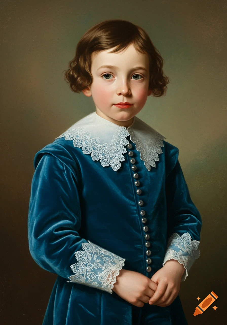 Portrait of a young boy in a blue velvet suit with a white lace collar, reminiscent of 'The Blue Boy' painting, in a realistic style.
