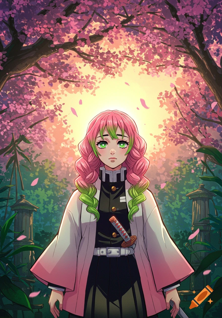 An anime character with pink and green hair, Mitsuri Kanroji, stands under vibrant pink cherry blossom trees.