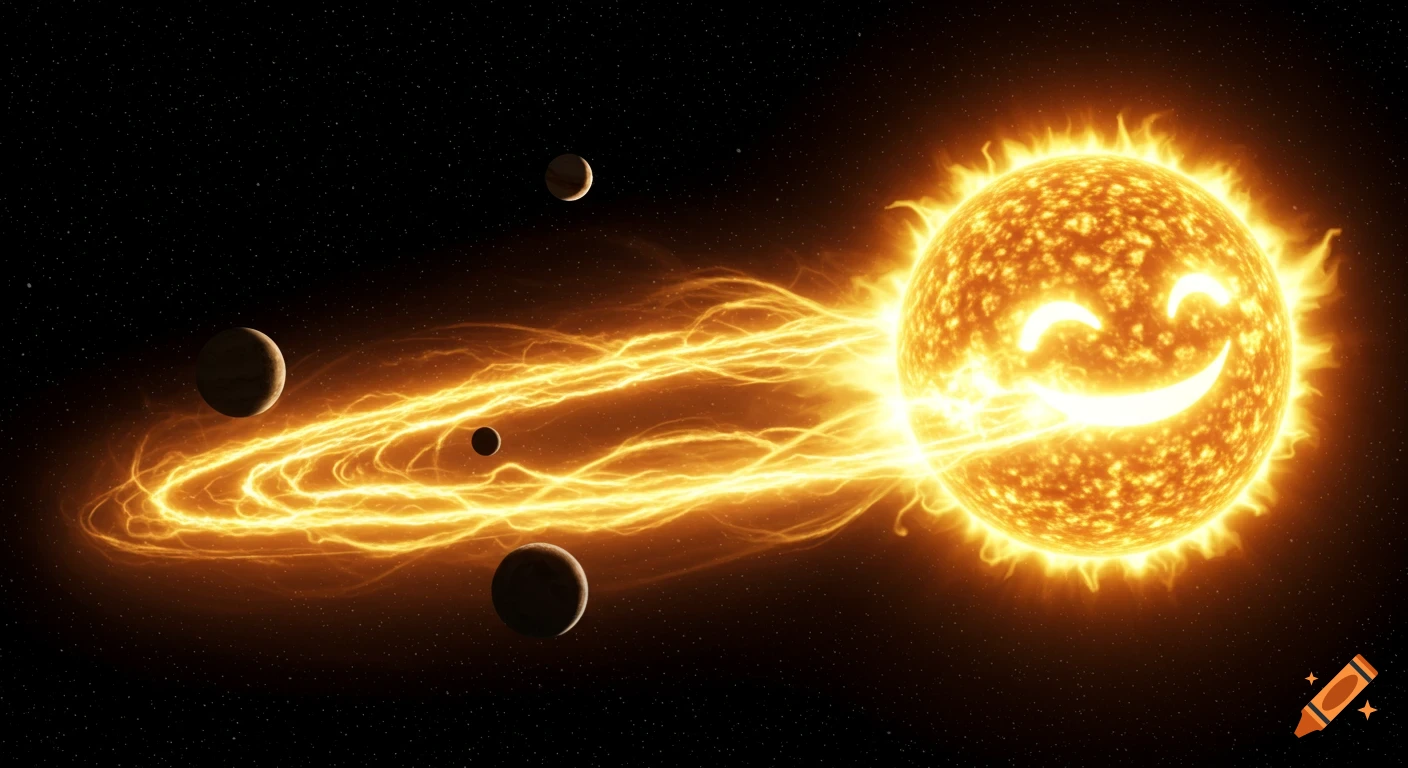 A cartoon smiling sun beams bright golden light across a starry solar system with several planets orbiting.