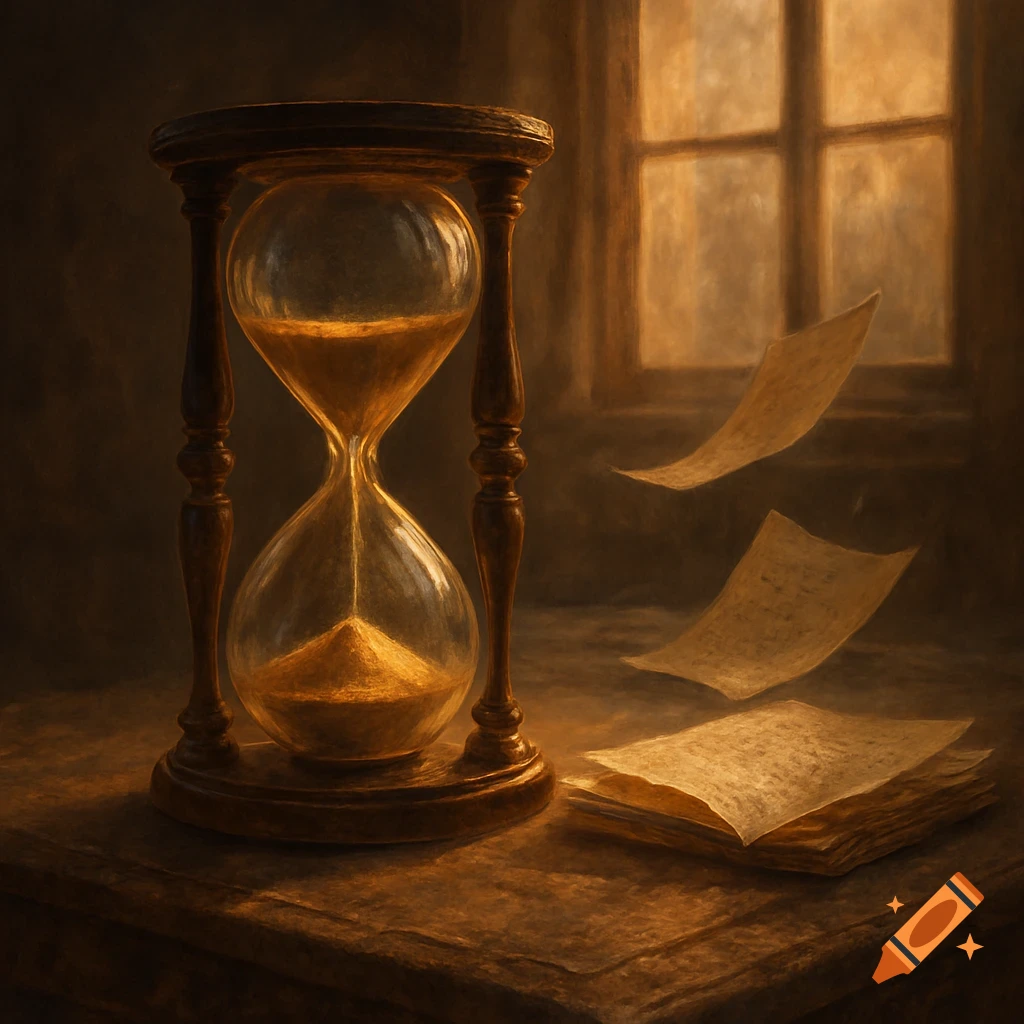 A large, antique hourglass with sand flowing, sits on a wooden table in a dimly lit room with several old, blank papers floating beside it, rendered in a painterly style.
