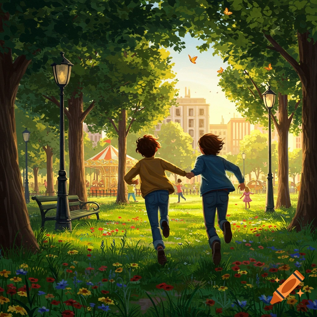 Illustration of two children running hand-in-hand through a sunny park towards a carousel with city buildings in the distance.