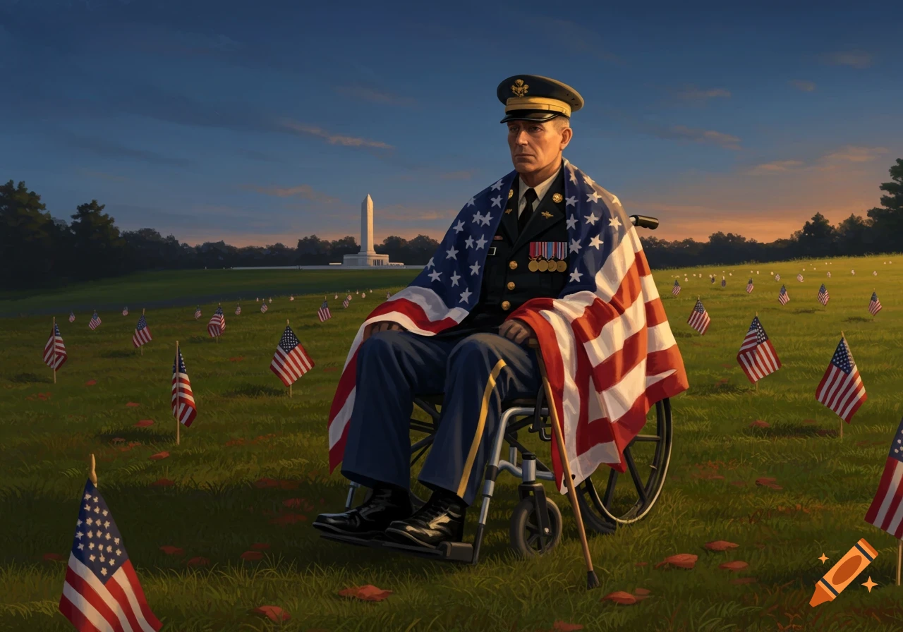 A soldier in a wheelchair, draped in an American flag, sits in a field filled with small US flags at sunset, with a monument in the distance.