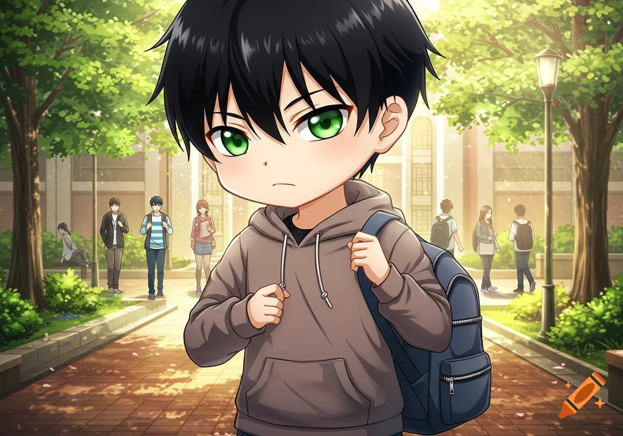 Chibi anime young man with black hair and green eyes, wearing a brown hoodie and blue backpack, on a sunny school campus path.