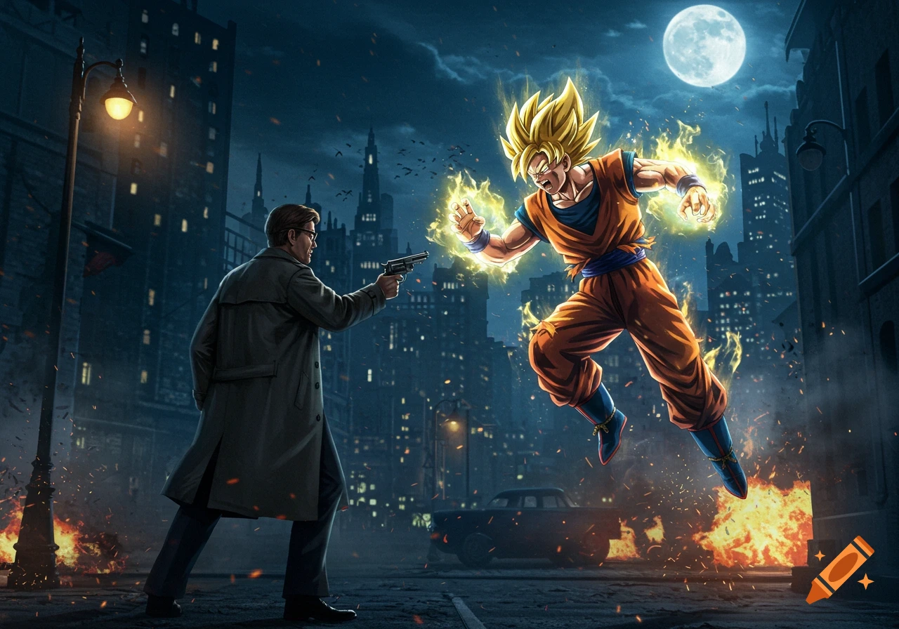 James Gordon aims a gun at a powered-up Goku floating in a dark, fiery city at night under a full moon, comic book style.