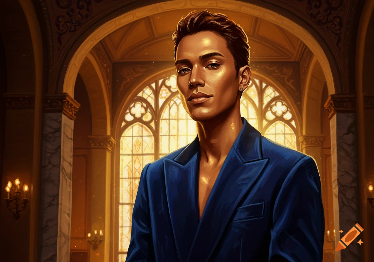 A stylized portrait of a man in a blue blazer standing in a grand, golden hall with arched windows.
