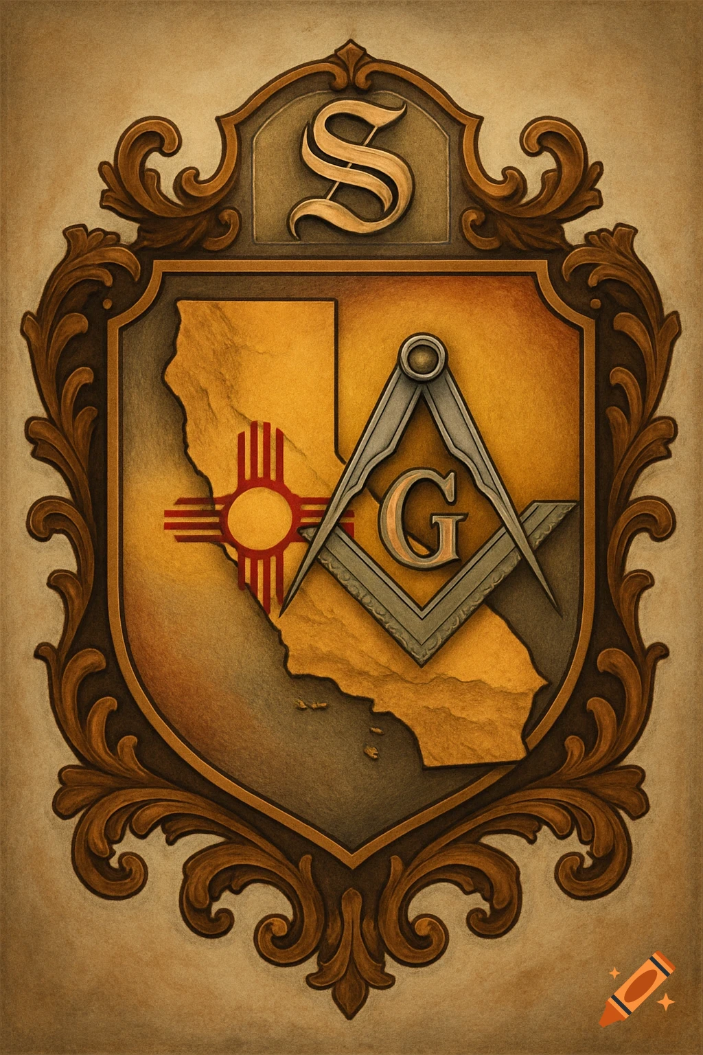 An ornate family crest featuring California outline, New Mexico Zia symbol, masonic square and compass with 'G', and letter 'S' within a baroque frame.