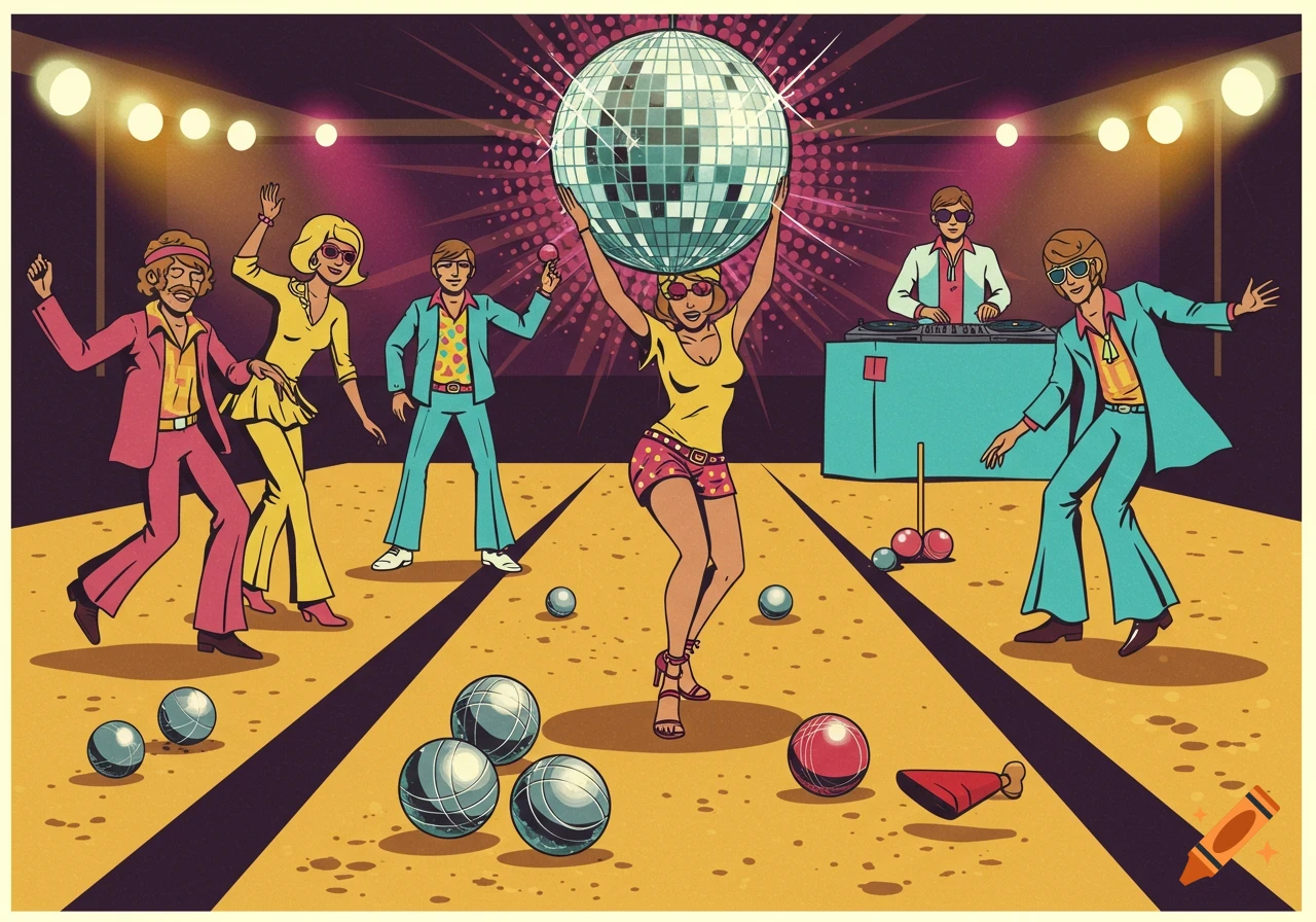 A retro-pop illustration of a disco-pétanque game with people in 1970s outfits dancing on a sand court under a sparkling disco ball.