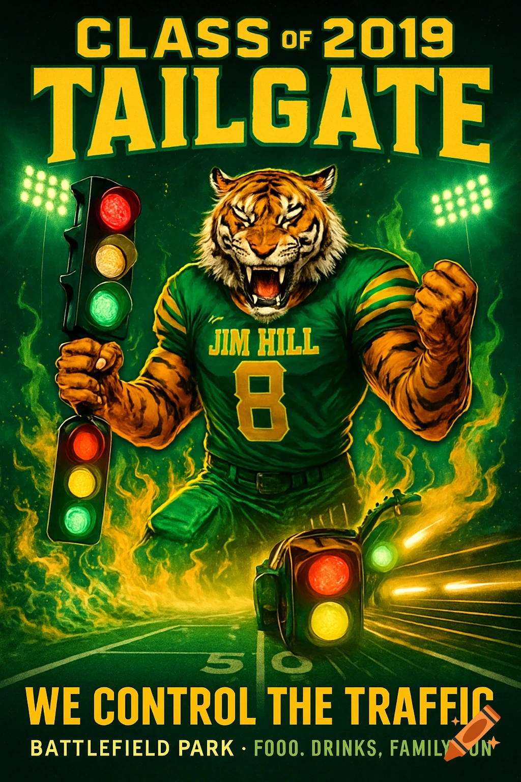 A bold poster for a 'Class of 2019 Tailgate'. A fierce anthropomorphic tiger mascot in a green football uniform holds glowing traffic lights amid green and gold flames on a football field. Text states 'WE CONTROL THE TRAFFIC'.