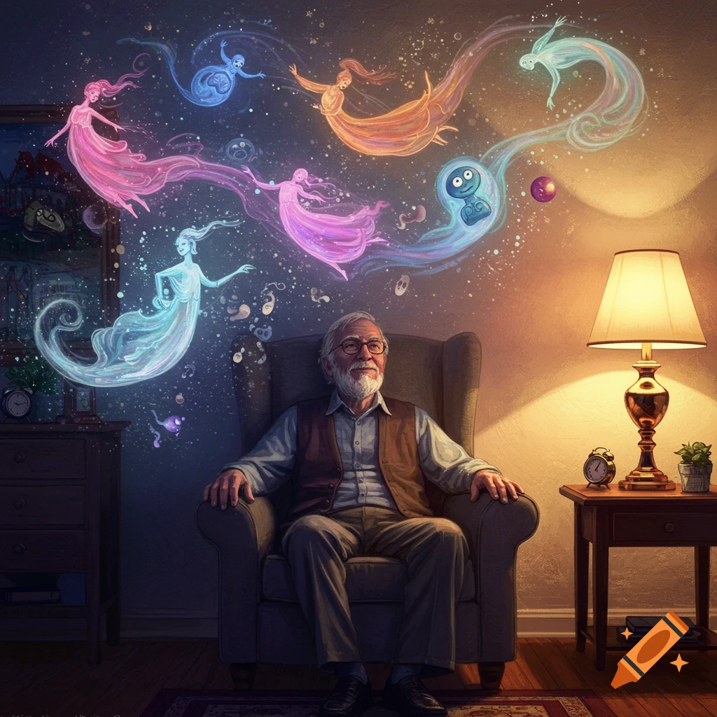 An old man sits in an armchair, watching colorful, glowing ethereal figures float in a dimly lit, dreamlike room. Illustrated fantasy art.