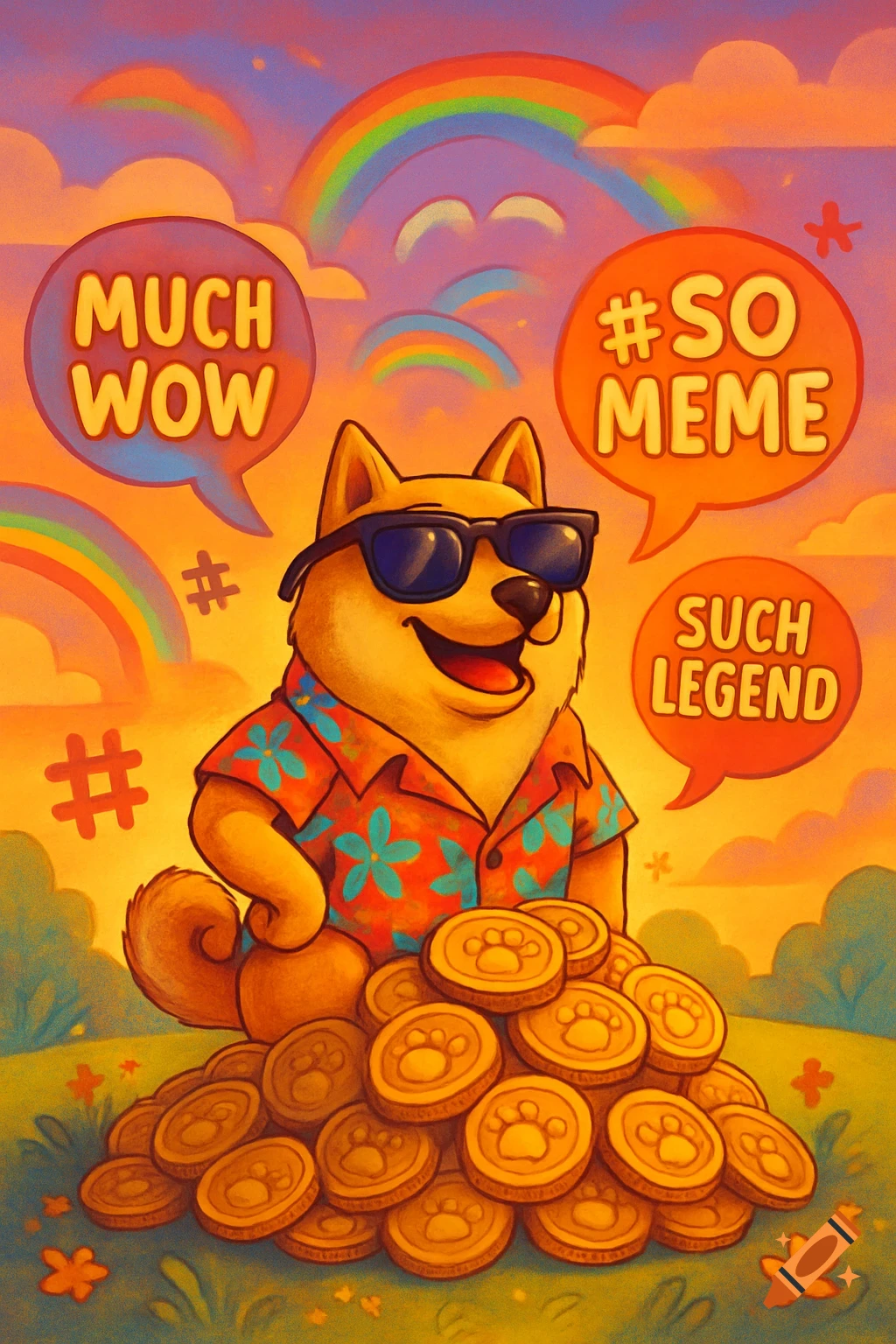 A colorful, glitch art style image featuring various internet memes  including a Rage Guy face, Doge, a crying-laughing emoji, and text 'SUCH WOW'  and 'LOL MEME'. on Craiyon, image size:1024x1536