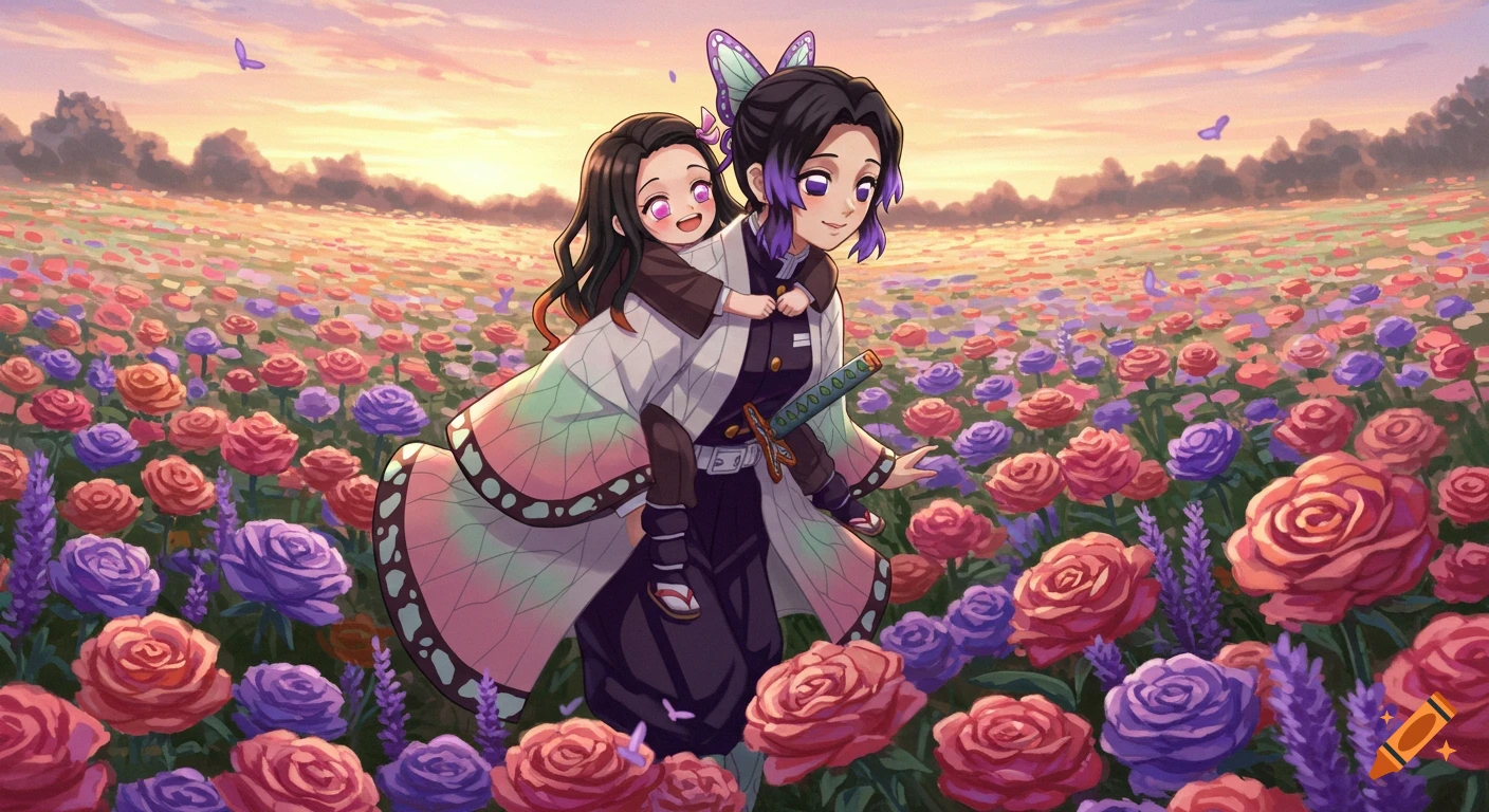 Anime characters Shinobu giving Nezuko a piggyback ride in a field of red and purple roses and lavender at sunset.