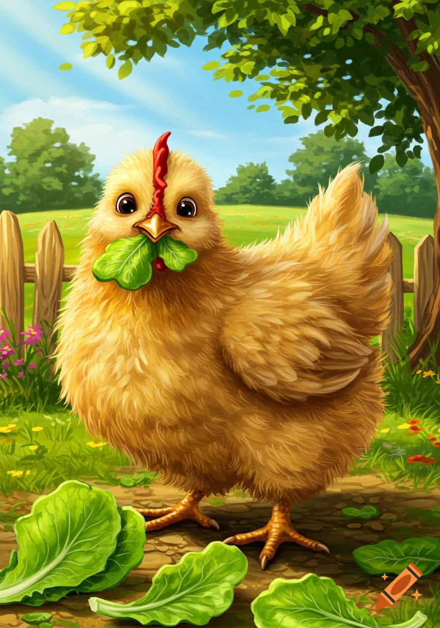 A fluffy golden cartoon chicken with big eyes holds a piece of lettuce in its beak, standing in a sunny green field with a wooden fence and trees.